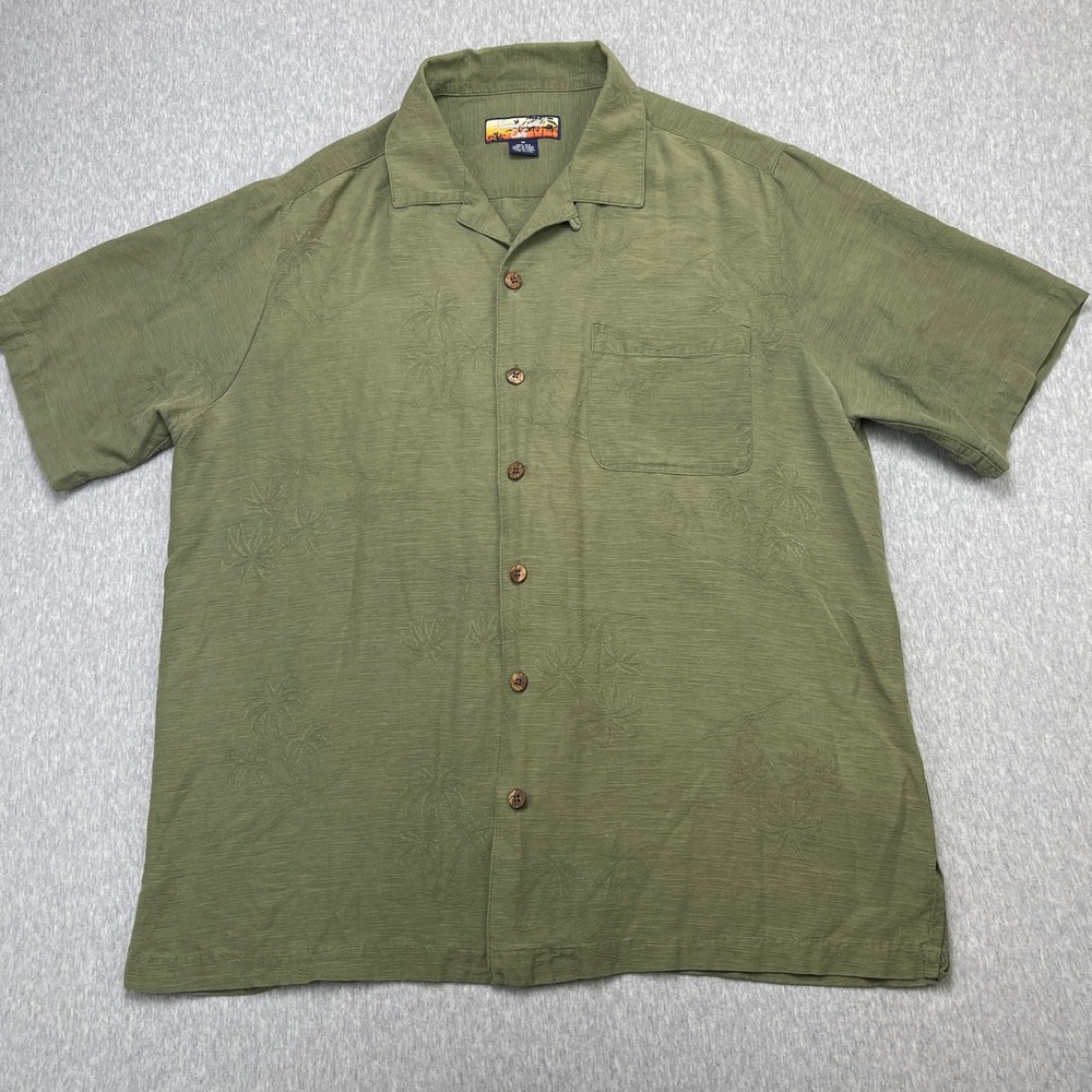 Cubavera Button-down Mens Medium Camp Shirt Olive Green Palm Tree Jacquard